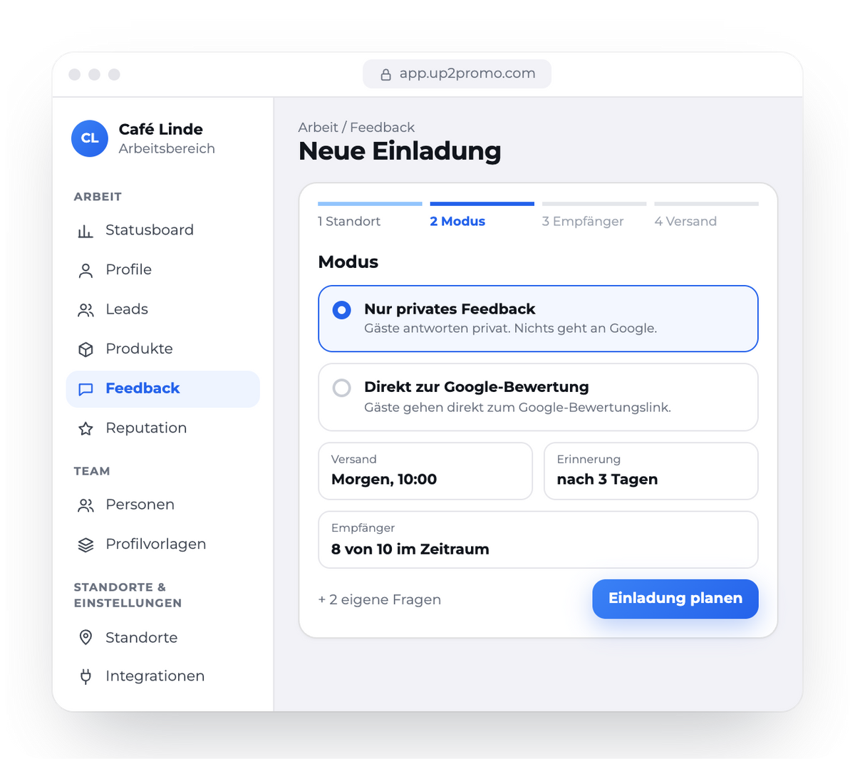 up2promo App: Feedback-Einladung